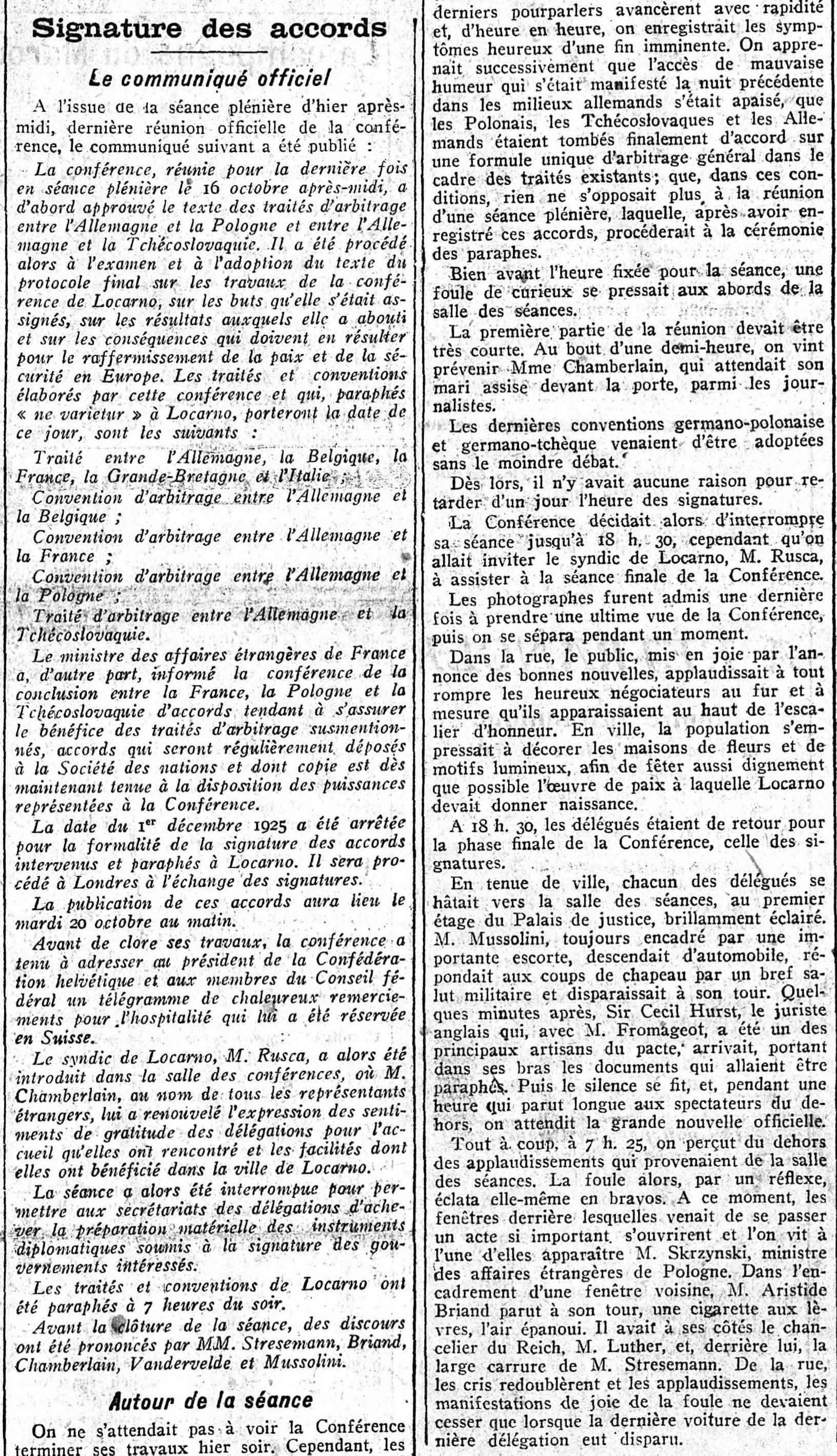 Journal des débats 1925 10 18 La conférence de Locarno, le communiqué officiel
