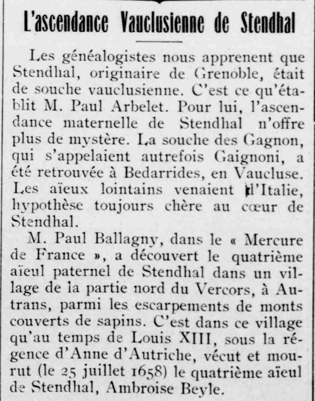 Le Provençal de Paris 1925 10 18 l'ascendence vauclusienne de Stendhal