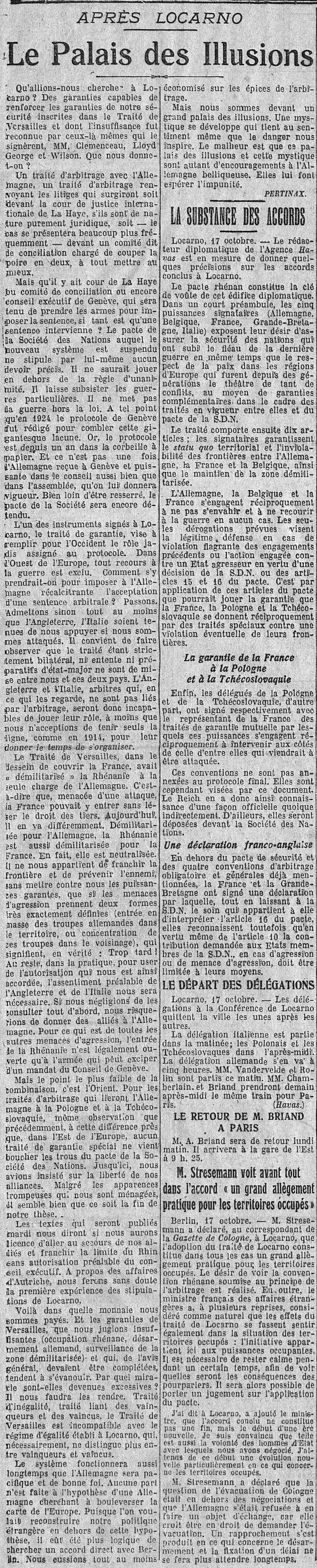 LÉcho de Paris 1925 10 18 03 La conférence de Locarno, le palais des illusions