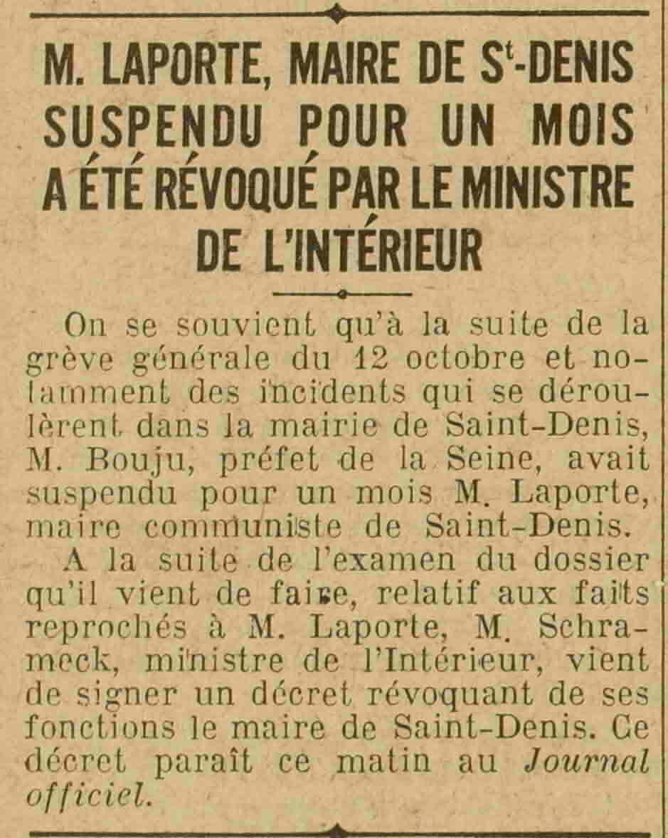 Excelsior 1925 10 25 Le  maire de Saint Denis révoqué