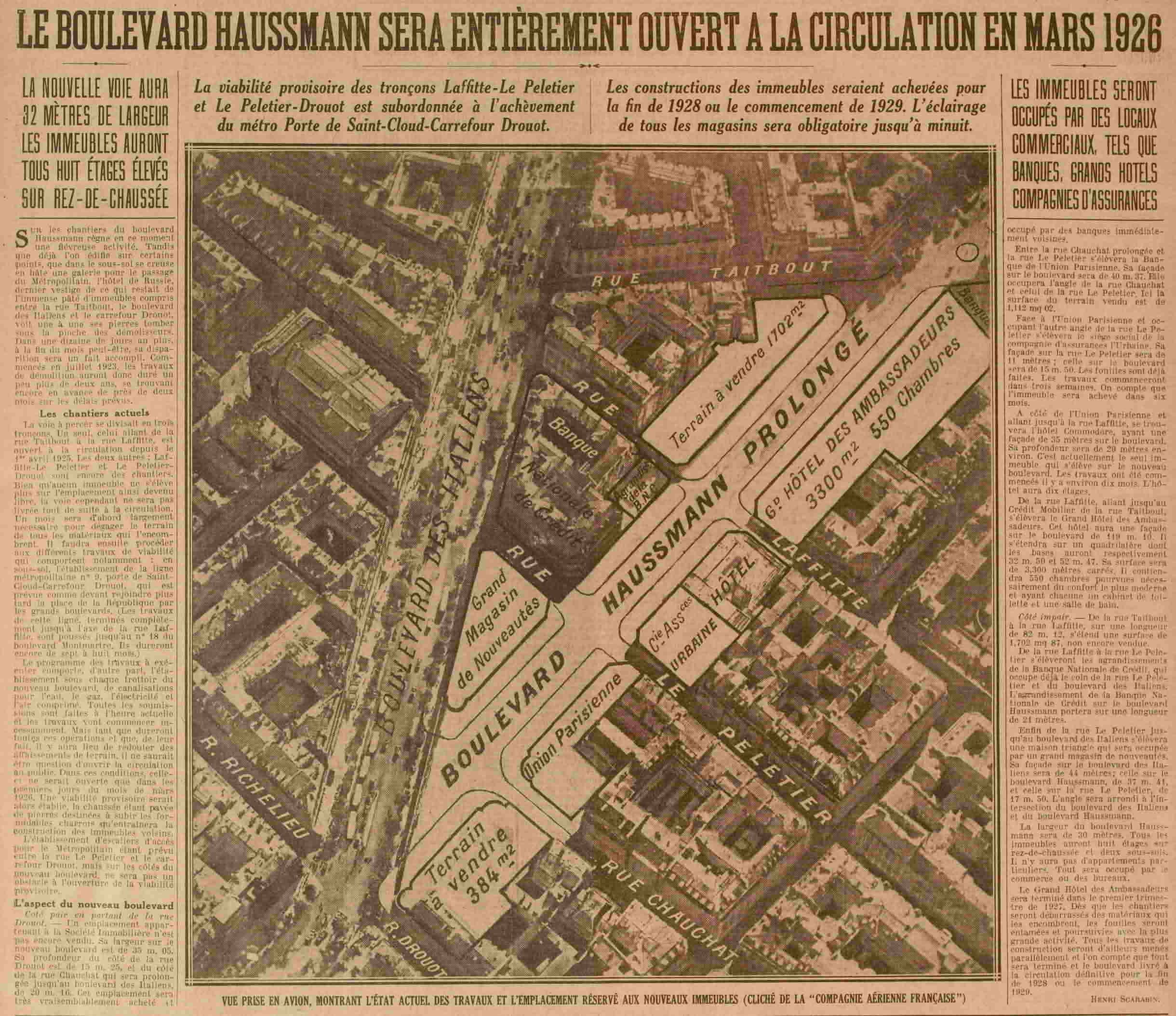 Excelsior 1925 10 25 l' ouverture du bld Haussmann prévue en ars 1926