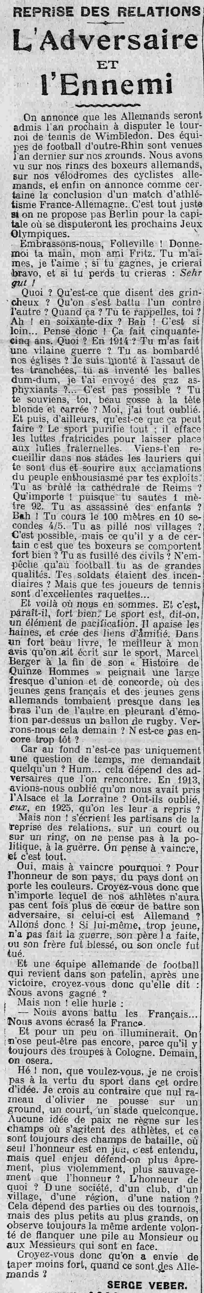 La Presse 1925 10 25 l'adversaire et l'ennemi