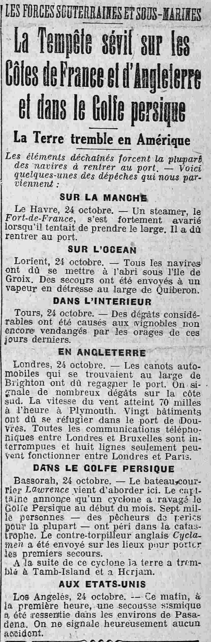La Presse 1925 10 25 01 tempête et tremblement de terre
