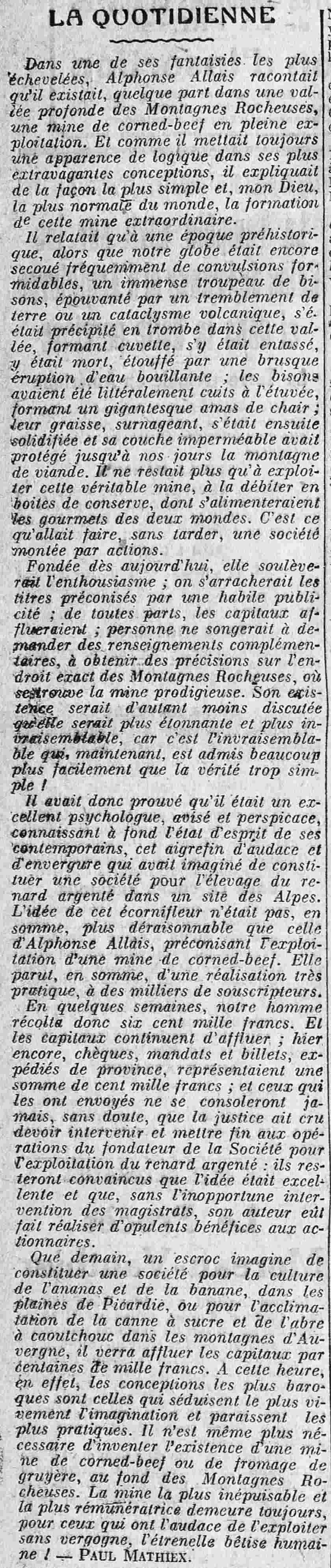 La Presse 1925 10 25 Une mine de corned-beef en pleine exploitation, la bêtise humaine