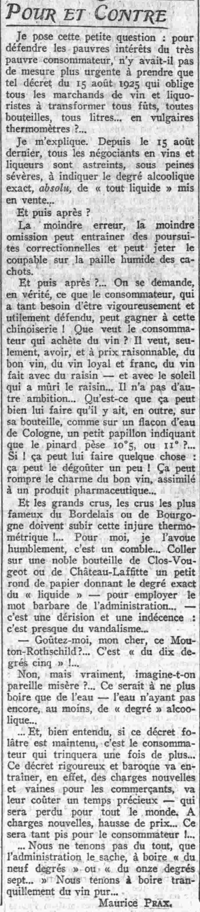 Le Petit Parisien 1925 10 25  le titre du vin en alcool  la  chronique de Maurice Prax