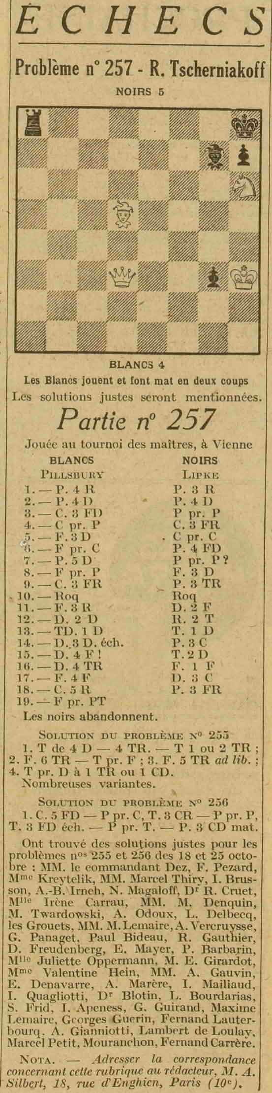 Excelsior 1925 11 01 partie d'échecs n°257