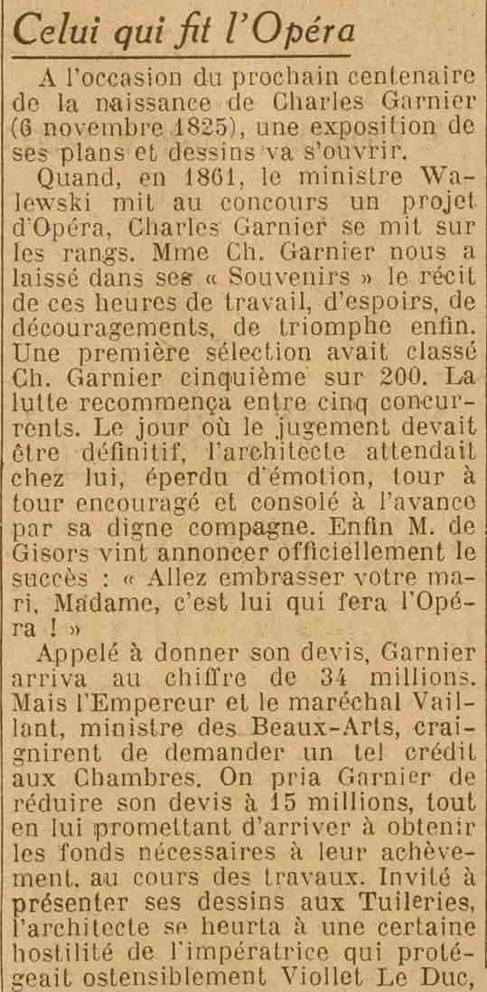 Excelsior 1925 11 01 naissance de Charles Garnier 1825