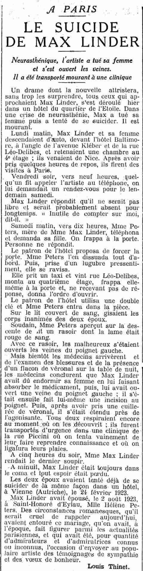 Figaro 1925 11 01 Le suicide de Max Linder
