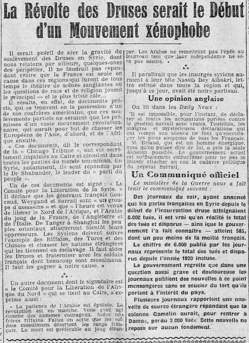La Presse 1925 11 01 les Druzes xénophobes