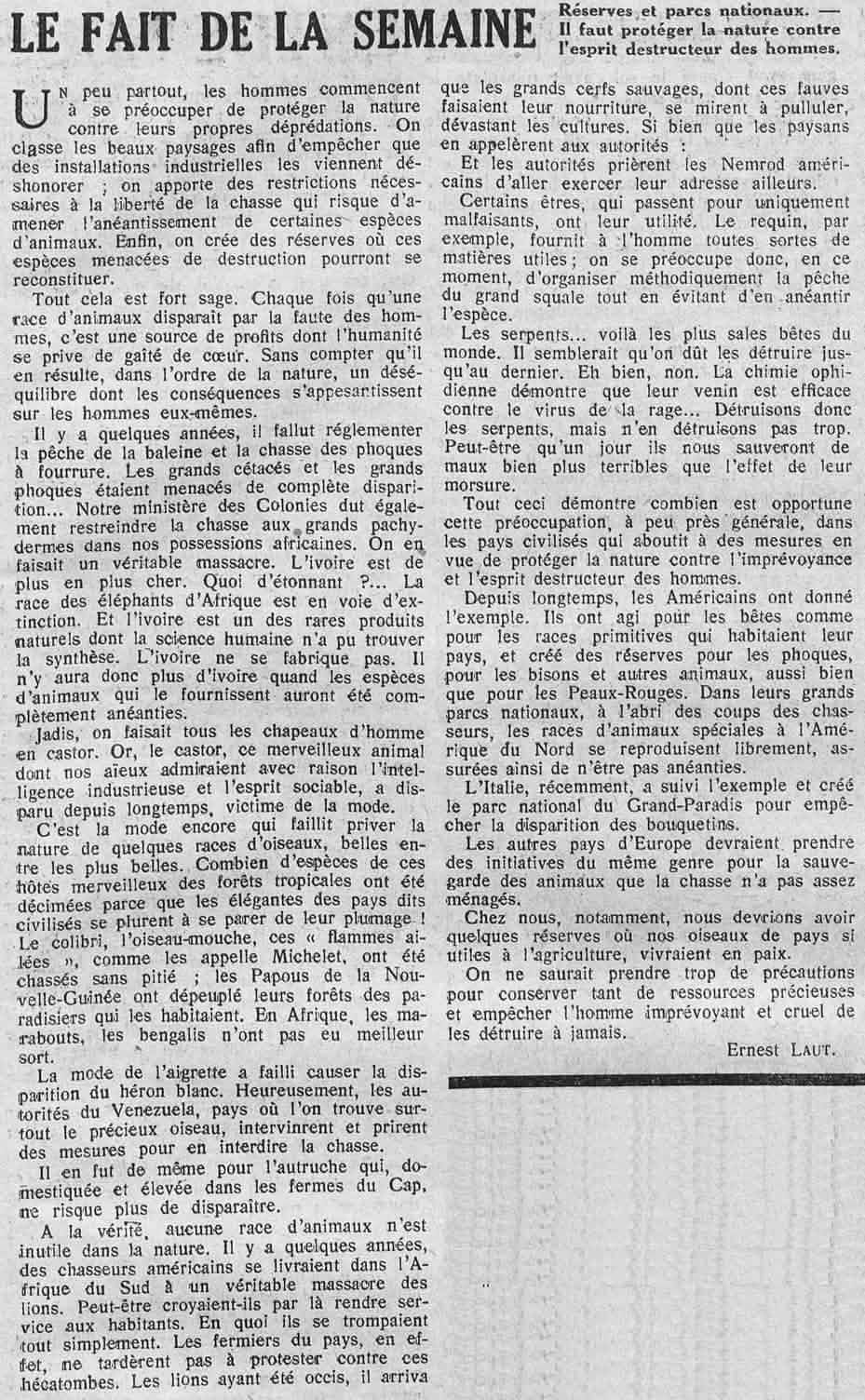 Le Petit journal illustré 1925 11 01 le fait de la semaine par Ernest Laut . Il faut préserver la nature