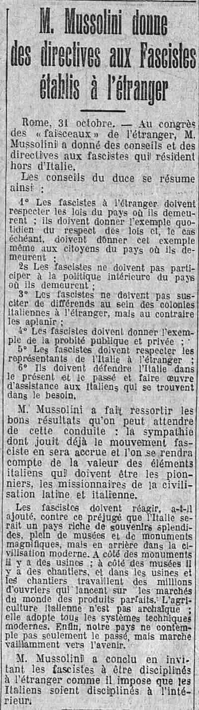 LÉcho de Paris 1925 11 01 le discours de Mussolini aux Italiens à l'étranger