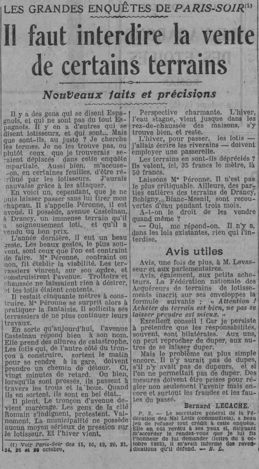 Paris soir 1925 11 01 01 Il faut interdire la vente de certains terrains