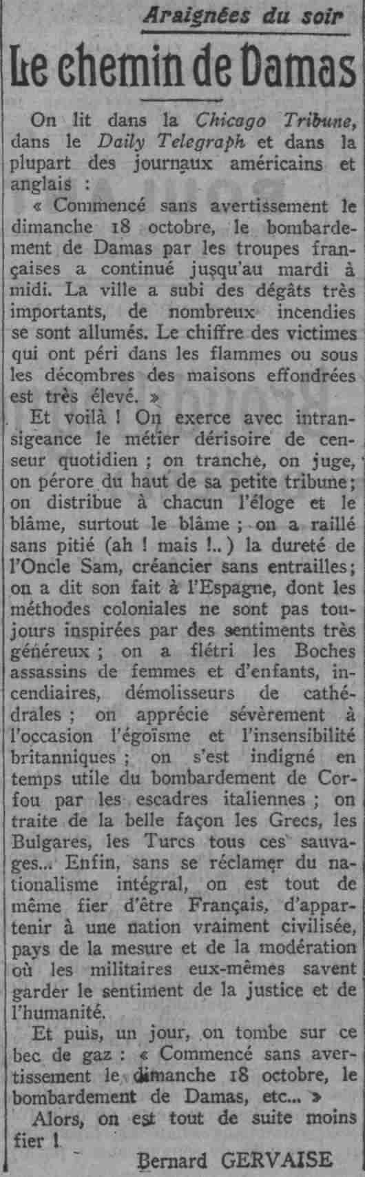 Paris soir 1925 11 01 les chemins de Damas par Bernard Gervaise