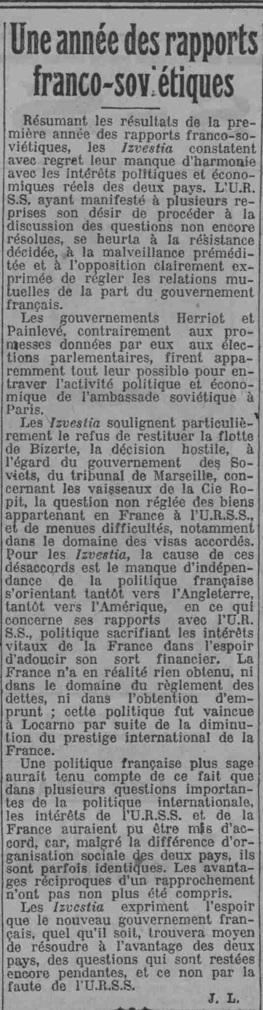 Paris soir 1925 11 01 03 rapports franco Russe 1