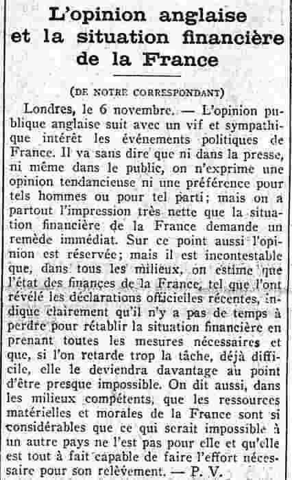 Journal des débats 1925 11 08  situation financière de la France