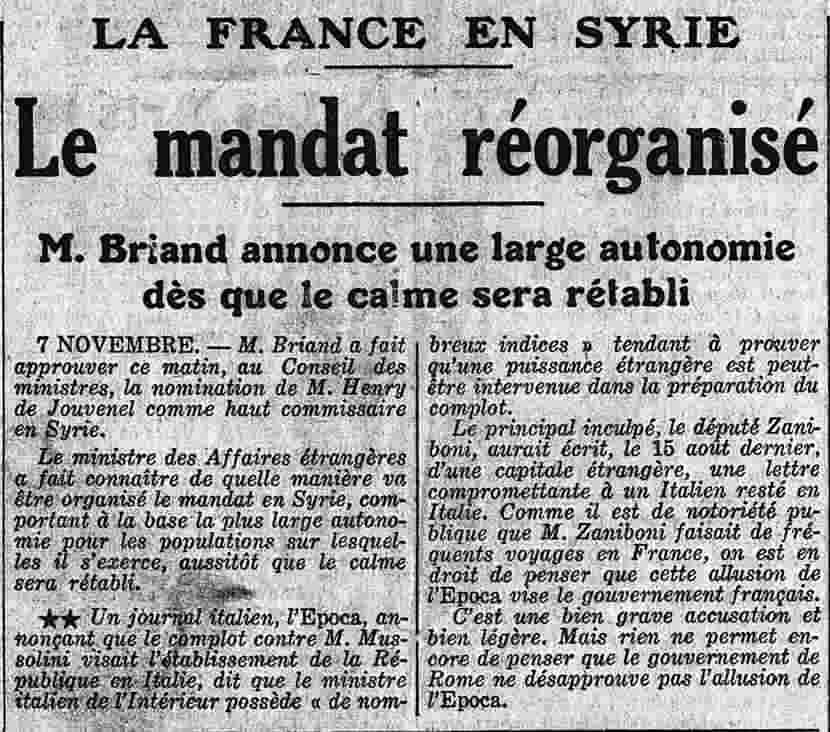 LIntransigeant 1925 11 08 01 réorganisation de la Syrie