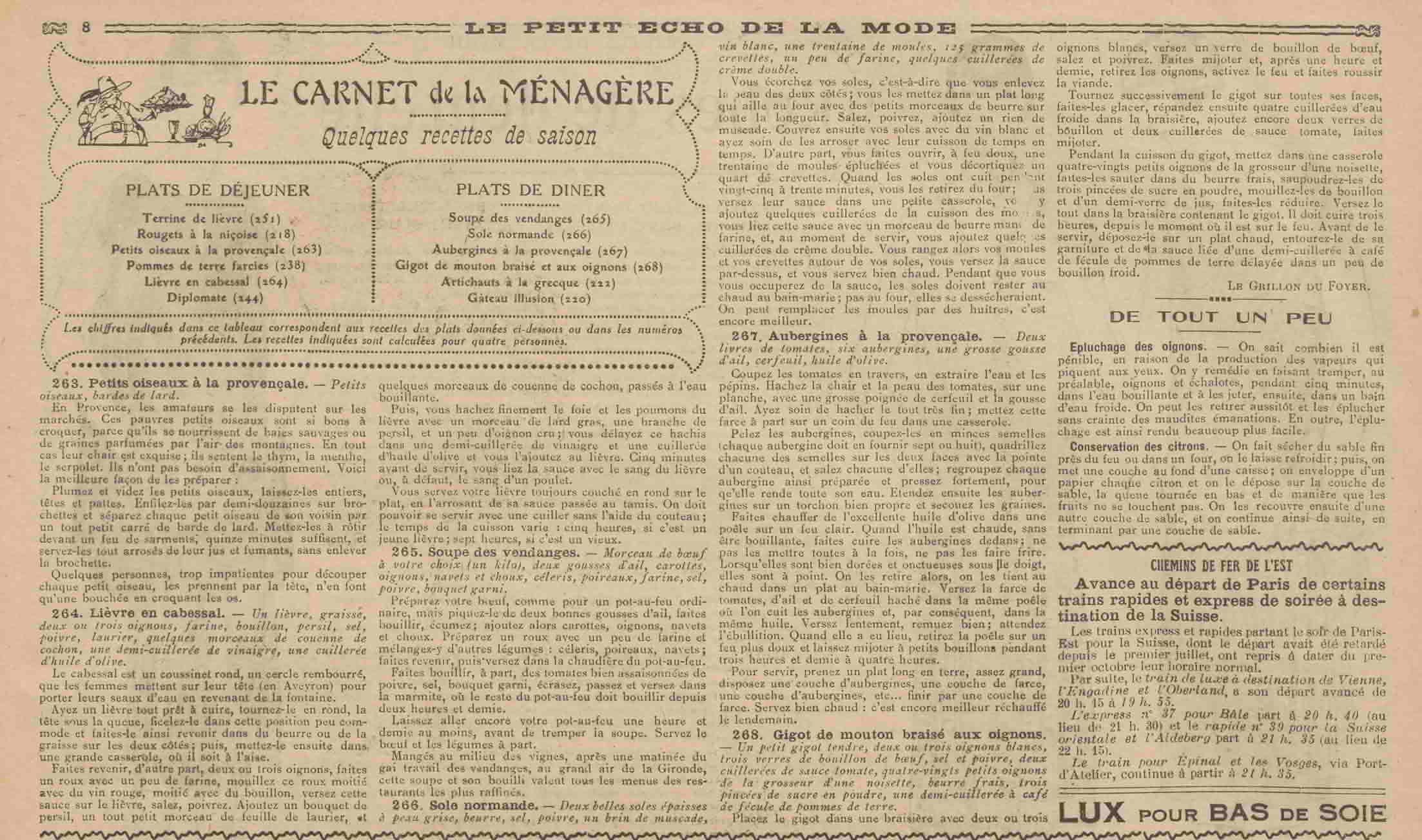 Le Petit écho de la Mode 1925 11 08 08 menus et recettes