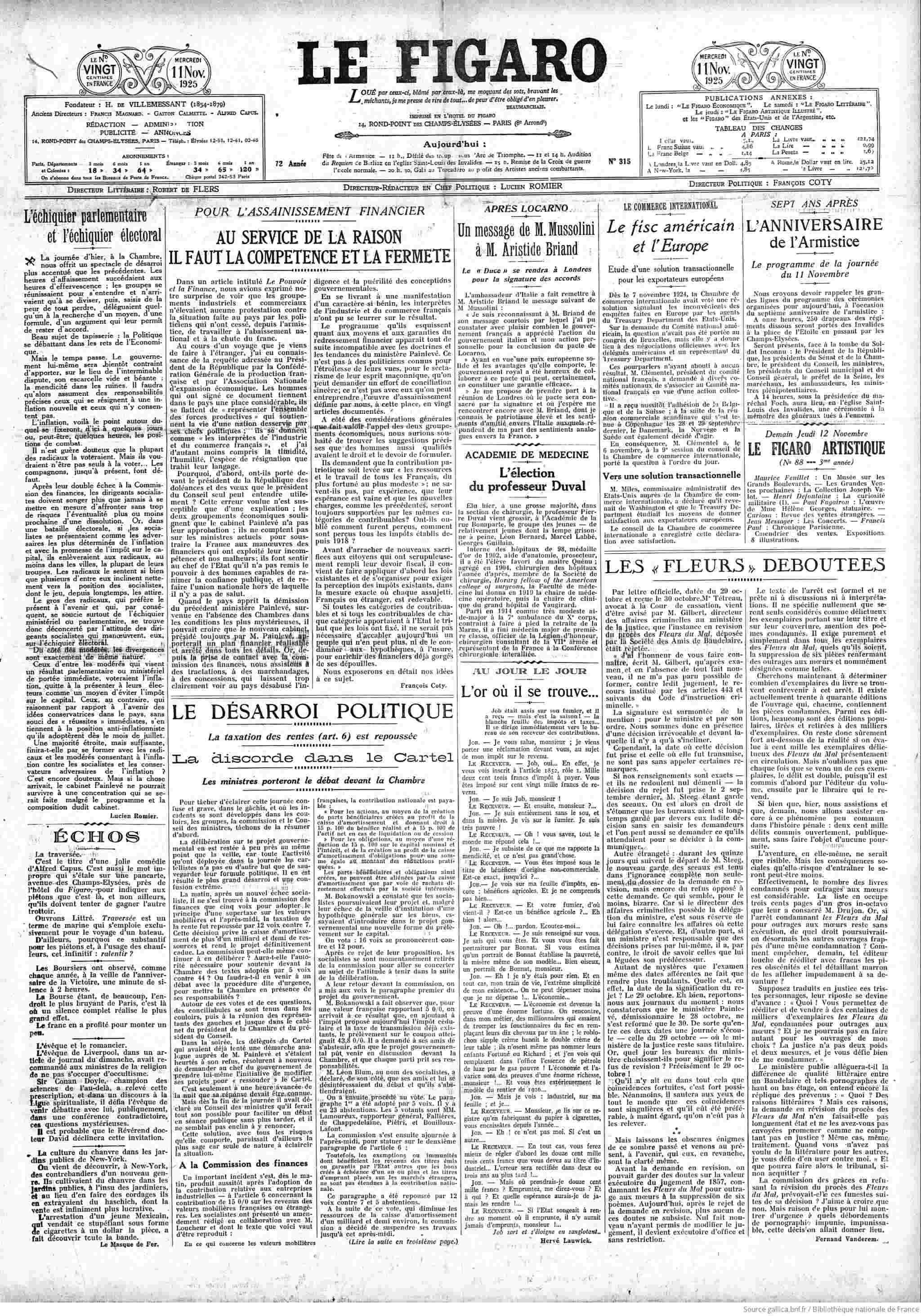 Figaro 1925 11 11 la Une - 11 novembre 1925