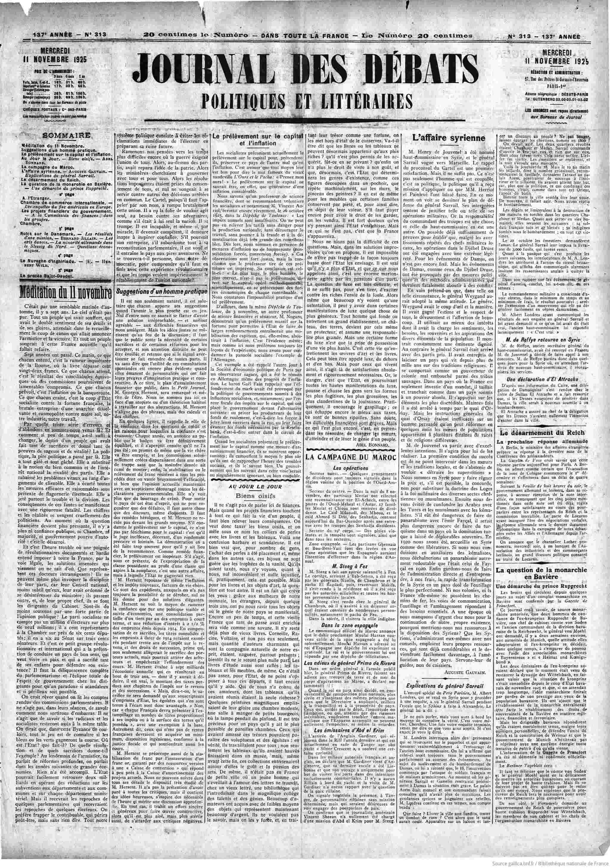 Journal des débats 1925 11 11 la Une