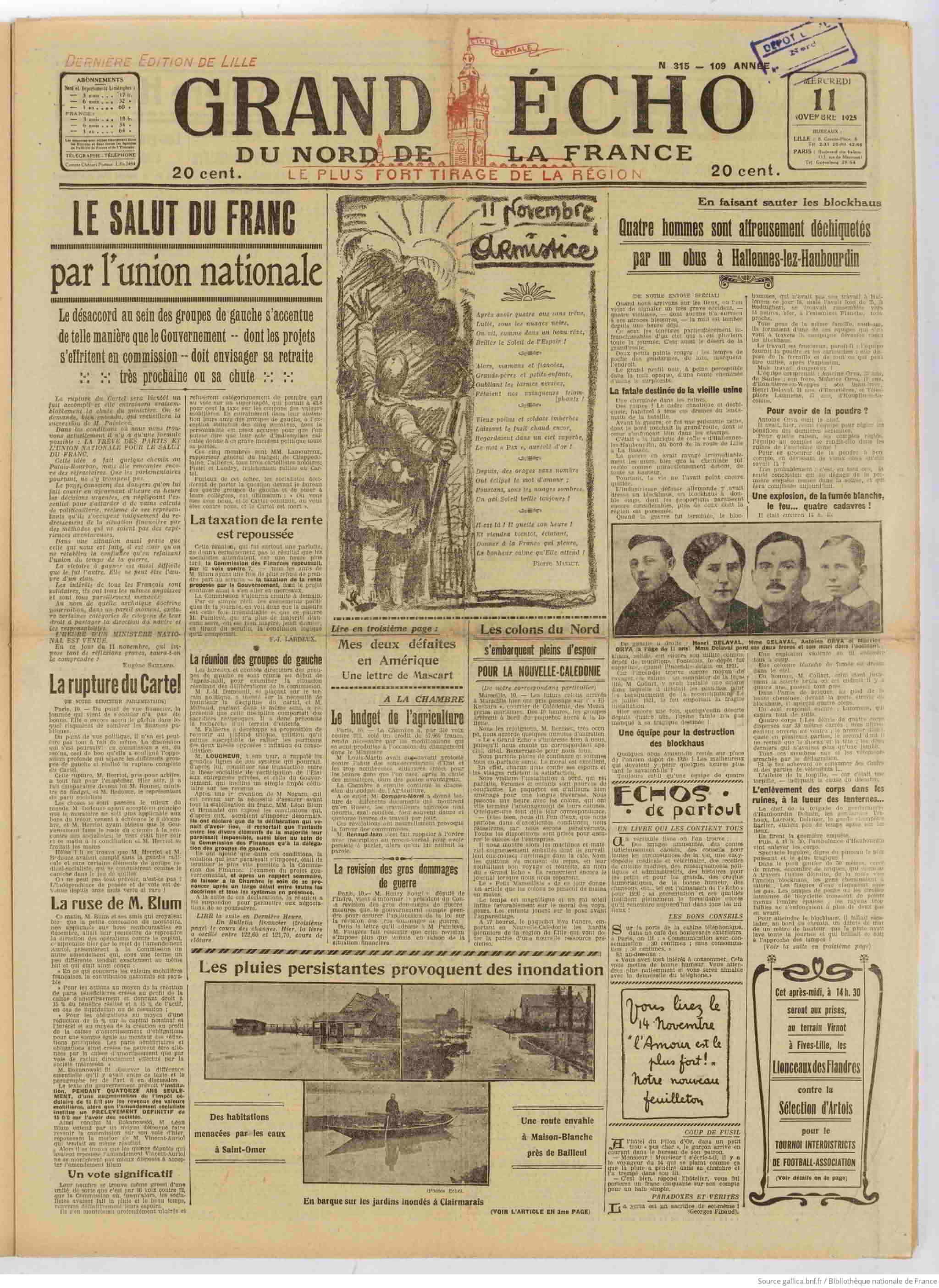 Le Grand écho du Nord 1925 11 11 la Une - 11 novembre 1925