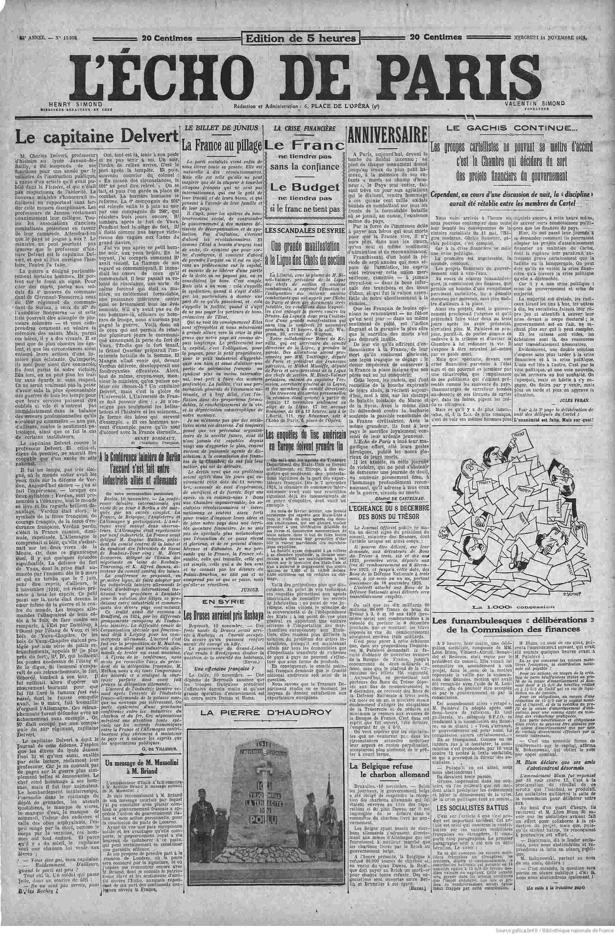 LÉcho de Paris 1925 11 11 la Une - 11 novembre 1925