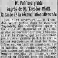 LÉcho de Paris 1925 11 22  M. Painlevé plaide auprès de M. Theodor Wolff la cause de la réconciliation allemande