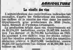 Le Temps 1925 12 13 Les chiffres de la récolte des vins dans les quatre départements producteurs du Midi