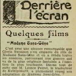L'Oeuvre 1925 12 20  derrière l'écran : Madame Sans-Gêne avec Gloria Swanson