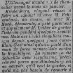 Paris soir 1925 12 20  crise allemande - L'Allemagne n'auras de chancelier avant le mois de janvier