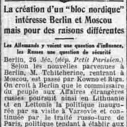 Le Petit Parisien 1925 12 27 La création d'un "bloc nordique" intéresse Berlin et Moscou