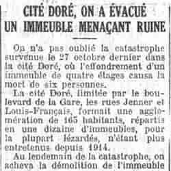 Le Petit Parisien 1926 01 10 Cité Doré, on a évacué un immeuble menaçant ruine