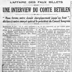 Le Petit Parisien 1926 01 10 Une interview du comte Bethlen