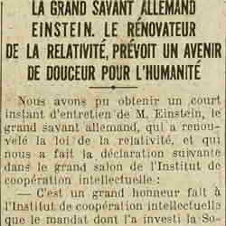 v Excelsior 1926 01 17  Einstein. prévoit un avenir de douceur pour l'humanité