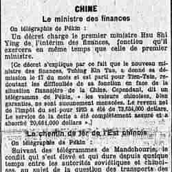 v Le Temps 1926 01 21 Un décret charge le premier ministre Hsu Shi Ying de l'intérim des finances