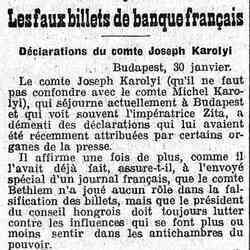 Le Gaulois 196 01 31 03 Déclarations du comte Joseph Karolyi dans l'affaire des faux billets français