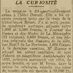 Excelsior 1926 02 07 La curiosité c'est la vente à Drouot  de la bibliothèque Reiset