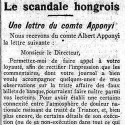 Journal des débats 1926 02 14 Scandale hongrois. Une lettre du comte Appolonyi