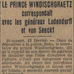 Le Journal 1926 02 14 Le prince Windischgraetz correspondait avec les généraux Ludendorff et von Seeckt