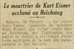 Excelsior 1926 02 21 Le meurtrier de Kurt Eisner acclamé au Reichstag