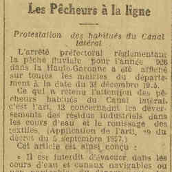 La Dépêche 1926 02 21 Les protestations des pêcheurs à la ligne habitués du Canal latéral