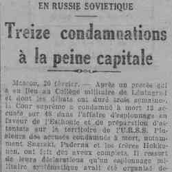 La Lanterne 1926 02 21 Treize condamnations à la peine capitale en Russie sovietique