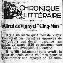 Le Matin 1926 02 21 Alfred de Vigny et Cinq-Mars