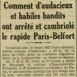 L'Oeuvre 1926 02 28 D'habiles bandits ont arrêté et cambriolé le rapide Paris-Belfort