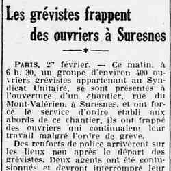 L'Ouest Éclair 1926 02 28 Les grévistes frappent des ouvriers à Suresnes