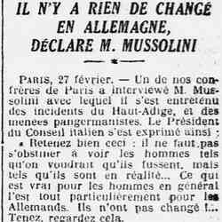 L'Ouest Éclair 1926 02 28 Il n'y a rien de changé en Allemagne, declare M. Mussolini