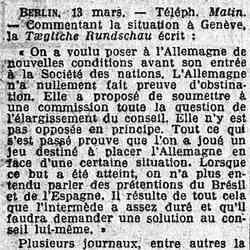 Le Matin 1926 03 14 Les commentaires de la presse allemande sur la situation à Genève