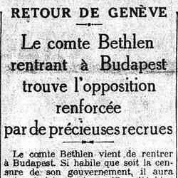 Le Matin 1926 03 21Le comte Bethlen vient de rentrer à Budapest