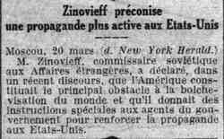 Le Petit Parisien 1926 03 21 Zinovieff préconise une propagande plus active aux Etats-Unis