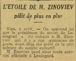 La Dépêche 1926 04 04 Un brève qui concerne Gregori Zinoviev
