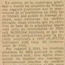 Excelsior 1926 04 11 Le mouvement de la population en France en 1925